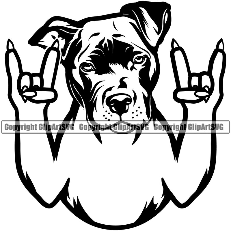 Pit Bull Dog  Rock And Roll Hand Sign White Color Design Element Puppy Pup Head Purebred K-9 K9 Animal Portrait Doggy Cute Face Canine Pedigree Vector Clipart SVG