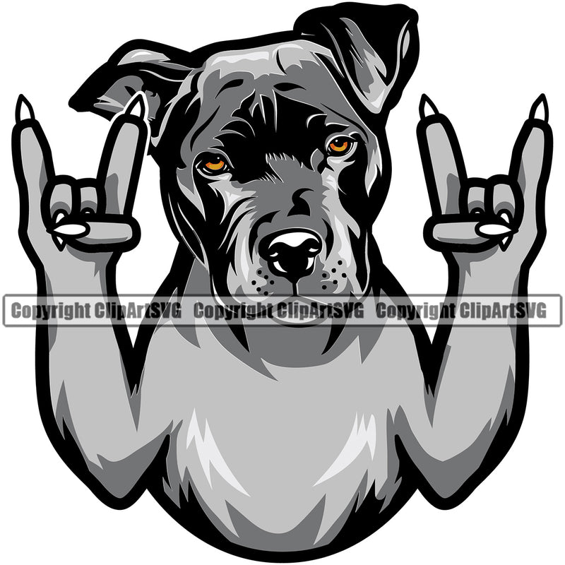 Pit Bull Dog Rock And Roll Hand Sign Color Design Element Puppy Pup Head Purebred Pedigree Canine K-9 K9 Animal Portrait Doggy Vector Clipart SVG