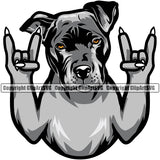 Pit Bull Dog Rock And Roll Hand Sign Color Design Element Puppy Pup Head Purebred Pedigree Canine K-9 K9 Animal Portrait Doggy Vector Clipart SVG