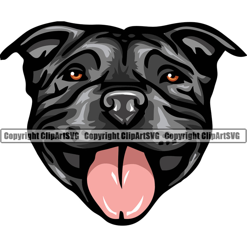 Pit Bull Dog Black Color Design Element Happy Smile Face Purebred Pedigree Canine K-9 K9 Animal Portrait Doggy Face Cute Body Puppy Vector Clipart SVG