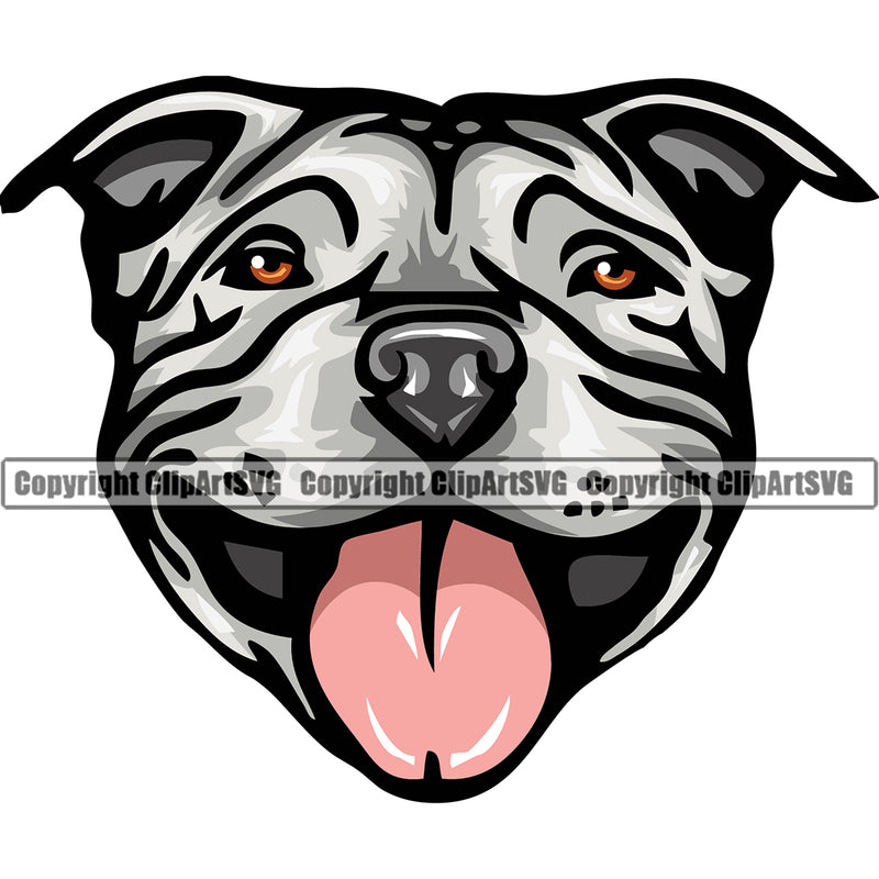 Pit Bull Dog White Color Design Element Smile Happy Face Head Purebred Pedigree Canine K-9 K9 Animal Portrait Doggy Face Cute Body Vector Clipart SVG