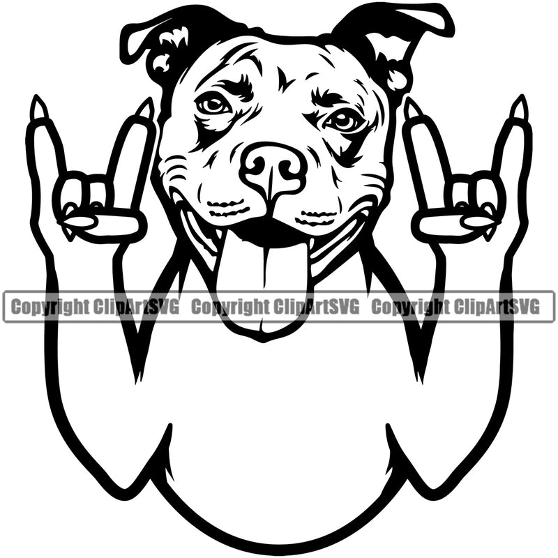 Pit Bull Dog Design Rock And Roll Hand Sign Smile Face Puppy Pup Head Purebred Pedigree Canine K-9 K9 Animal Portrait Doggy Vector Clipart SVG