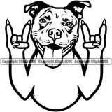 Pit Bull Dog Design Rock And Roll Hand Sign Smile Face Puppy Pup Head Purebred Pedigree Canine K-9 K9 Animal Portrait Doggy Vector Clipart SVG