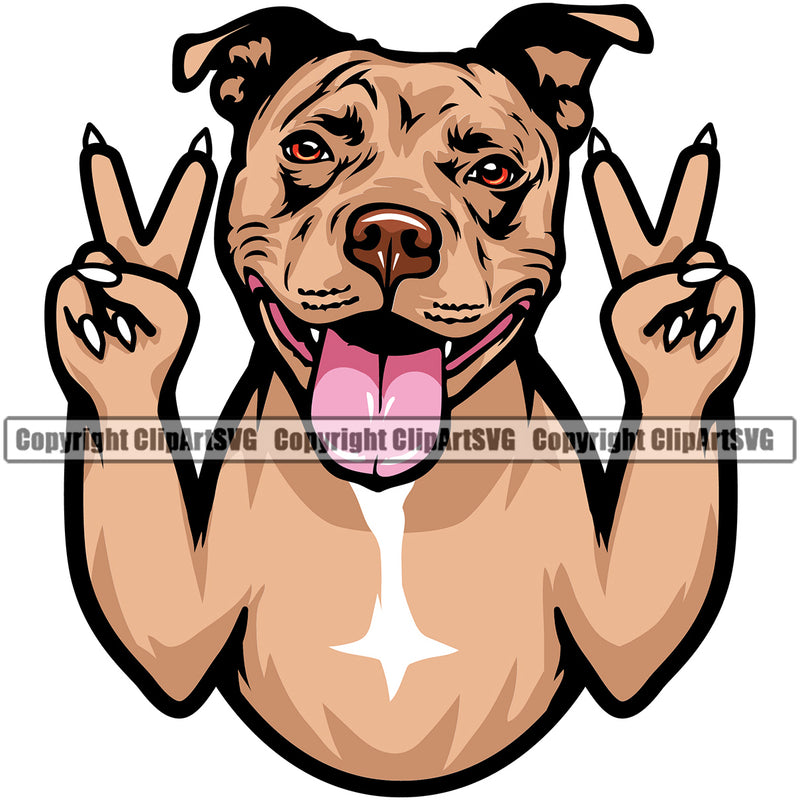 Pit Bull Dog Peace Hand Sign Happy Face Design Puppy Pup Head Purebred Pedigree Canine K-9 K9 Animal Portrait Doggy Vector Clipart SVG