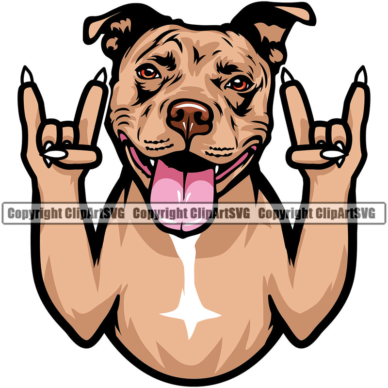 Pit Bull Dog Rock And Roll Hand Sign Design Element Color Puppy Pup Head Purebred Pedigree Canine K-9 K9 Animal Portrait Doggy Face Cute Vector Clipart SVG