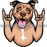 Pit Bull Dog Rock And Roll Hand Sign Design Element Color Puppy Pup Head Purebred Pedigree Canine K-9 K9 Animal Portrait Doggy Face Cute Vector Clipart SVG