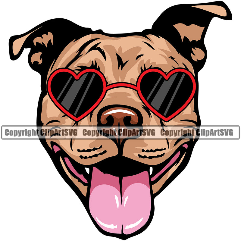 Pit Bull Dog Wearing Sunglasses Color Head Sun Heart Design Element Puppy Pup Head Purebred Pedigree Canine K-9 K9 Animal Portrait Doggy Face Vector Clipart SVG