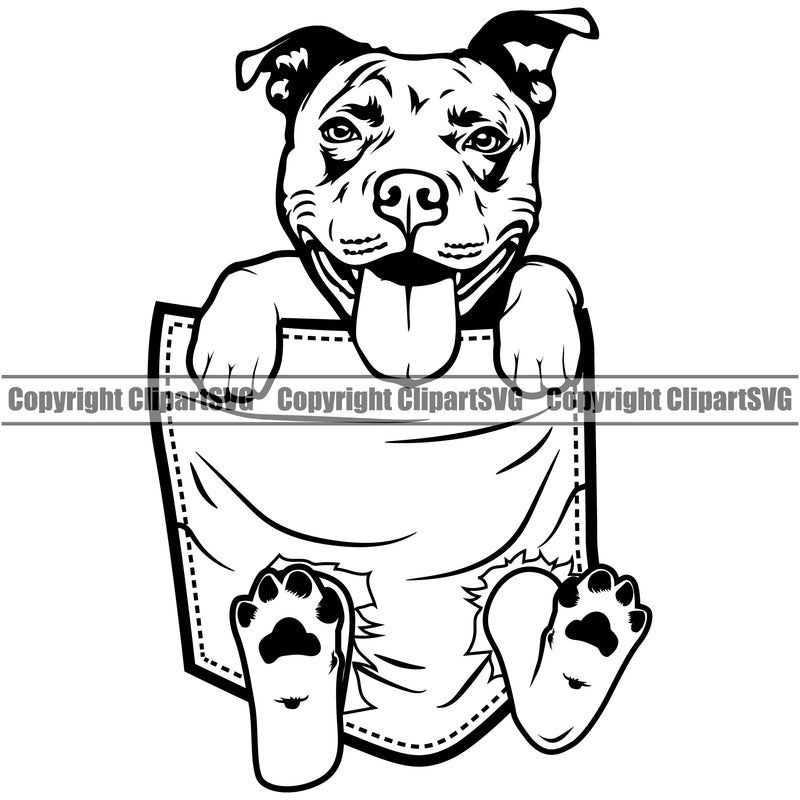 Pit Bull Dog Dog Hanging From Shirt Pocket White Color Smile Face Design T-Shirt Tshirt Puppy Pup Head Purebred Pedigree Canine K-9 K9 Animal Portrait Doggy Face Vector Clipart SVG