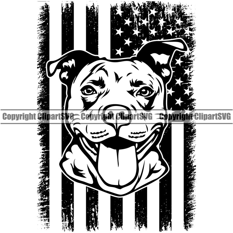 Pit Bull Dog Under USA Flag Design Smile Face  Puppy Pup Head Purebred Pedigree Canine K-9 K9 Animal Portrait Doggy Vector Clipart SVG