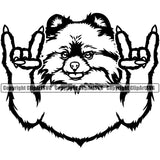Pomeranian Dog Rock And Roll Hand Sign Cute Face Animal Puppy Pup Head Purebred Pedigree Canine K-9 K9 Animal Portrait Doggy Face Cute Body Vector Clipart SVG