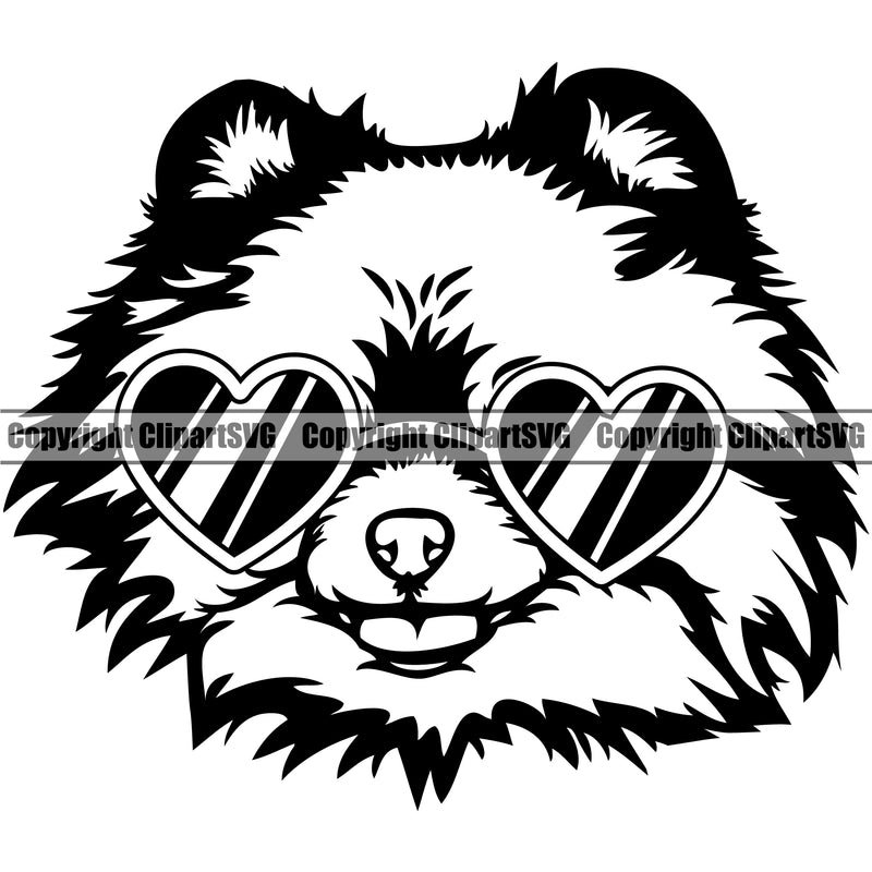 Pomeranian Dog Wearing Sunglasses Sun Heart Design Puppy Pup Head Purebred Pedigree Canine K9 Animal Portrait Doggy Face Cute Clipart SVG