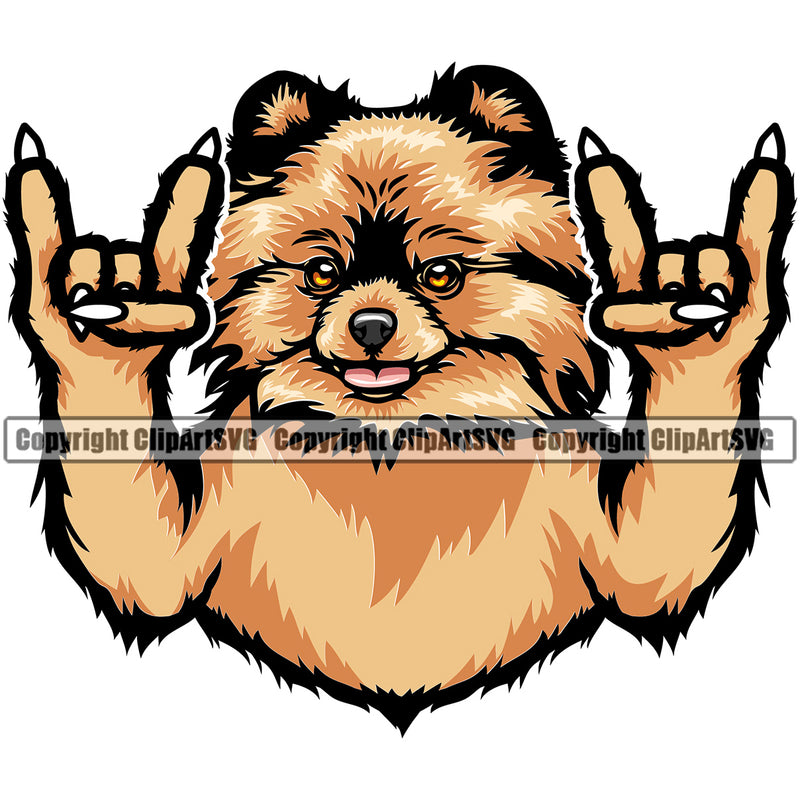 Pomeranian Dog Rock And Roll Hand Sign Color Animal Design Smile Face Puppy Pup Head Purebred Pedigree Canine K-9 K9 Animal Portrait Doggy Vector Clipart SVG