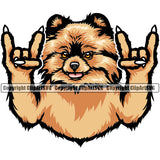 Pomeranian Dog Rock And Roll Hand Sign Color Animal Design Smile Face Puppy Pup Head Purebred Pedigree Canine K-9 K9 Animal Portrait Doggy Vector Clipart SVG