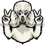 Poodle Dog Peace Hand Sign Color Head Design Smile Cute Face Animal Puppy Pup Head Purebred Pedigree Canine K-9 K9 Animal Portrait Doggy Vector Clipart SVG