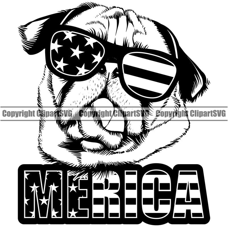 Pug Dog Wearing Sunglasses With Merica Text Design  Puppy Pup Head Purebred Pedigree Canine K-9 K9 Animal Portrait Doggy Face Cute Clipart SVG