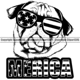 Pug Dog Wearing Sunglasses With Merica Text Design  Puppy Pup Head Purebred Pedigree Canine K-9 K9 Animal Portrait Doggy Face Cute Clipart SVG