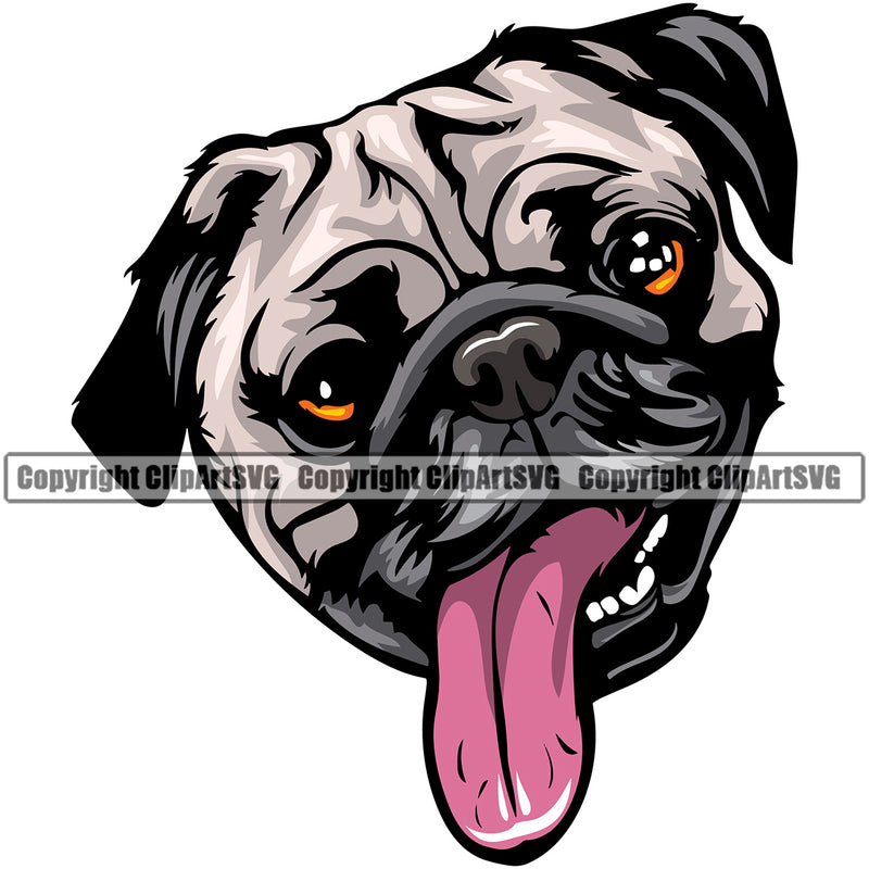 Pug Dog Head Color Design Element Funny Face Puppy Pup Head Purebred Pedigree Canine K-9 K9 Animal Portrait Doggy Face Cute Vector Clipart SVG