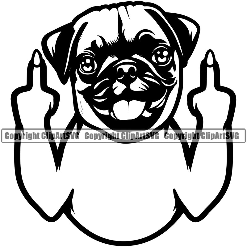 Pug Dog Middle Finger Hand Sign Design Element Puppy Pup Head Pedigree K-9 K9 Animal Doggy Face Cute Canine Purebred Clipart SVG