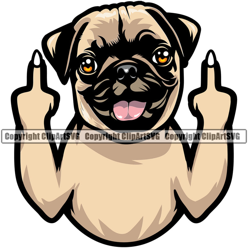 Pug Dog Middle Finger Hand Sing Color Design Element Puppy Pup Head Purebred Pedigree Canine K-9 K9 Animal Portrait Doggy Face Cute Vector Clipart SVG