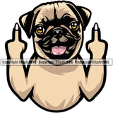 Pug Dog Middle Finger Hand Sing Color Design Element Puppy Pup Head Purebred Pedigree Canine K-9 K9 Animal Portrait Doggy Face Cute Vector Clipart SVG