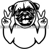 Pug Dog Peace Hand Sign Design Element Puppy Pup Head Purebred Pedigree Canine K-9 K9 Animal Portrait Doggy Vector Clipart SVG