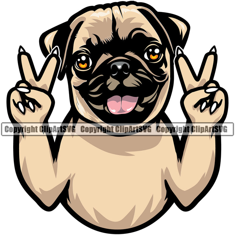 Pug Dog Peace Hand Sign Color Head Design Element Puppy Pup Head K-9 K9 Animal Portrait Doggy Face Purebred Pedigree Canine Clipart SVG
