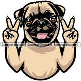 Pug Dog Peace Hand Sign Color Head Design Element Puppy Pup Head K-9 K9 Animal Portrait Doggy Face Purebred Pedigree Canine Clipart SVG