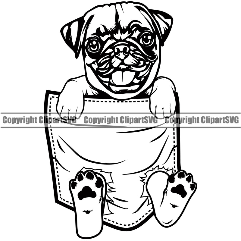 Pug Dog Hanging From Shirt Pocket T-Shirt Tshirt  Puppy Pup Head Purebred Pedigree Canine K-9 K9 Animal Portrait Doggy Face Cute Body Vector Clipart SVG
