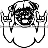 Pug Dog Rock And Roll Hand Sign Smile Face Animal Deign Puppy Pup Head Purebred Pedigree Doggy Canine K-9 K9 Animal Portrait Clipart SVG