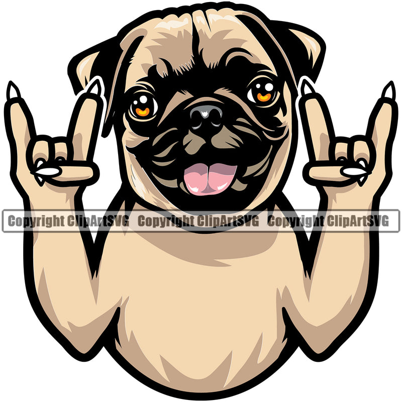 Pug Dog Rock And Roll Hand Sign Color Body Animal Design Element Puppy Pup Head Purebred Pedigree Canine K-9 K9 Animal Portrait Doggy Face Vector Clipart SVG