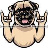 Pug Dog Rock And Roll Hand Sign Color Body Animal Design Element Puppy Pup Head Purebred Pedigree Canine K-9 K9 Animal Portrait Doggy Face Vector Clipart SVG