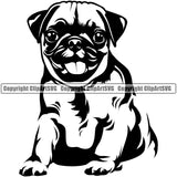 Pug Dog Sitting Design Element Puppy Pup Head Purebred Pedigree Canine K-9 K9 Animal Portrait Doggy Face Vector Clipart SVG