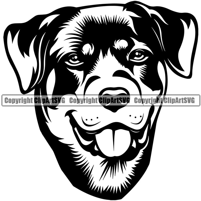 Rottweiler Dog Smile Face Design Puppy Pup Head K9 Animal Portrait Doggy Face Cute Purebred Pedigree Canine K-9 Vector Clipart SVG