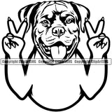Rottweiler Dog Peace Hand Sign Design Face Puppy Pup Head Purebred Pedigree Canine K-9 K9 Animal  Doggy Face Cute Portrait Vector Clipart SVG
