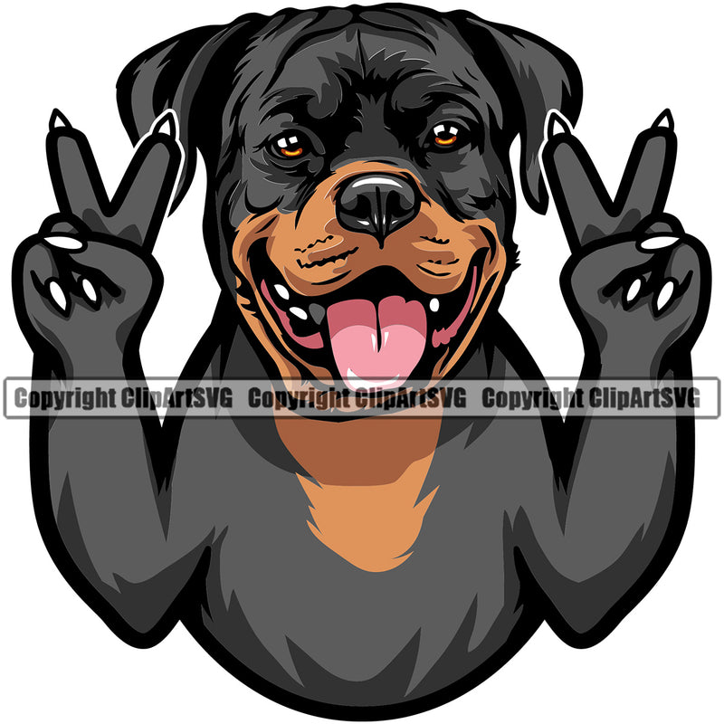 Rottweiler Dog Peace Hand Sign Smile Face Color Design Puppy Head Purebred Pedigree Canine K-9 K9 Animal Portrait Doggy Face Cute Vector Clipart SVG
