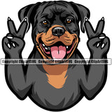 Rottweiler Dog Peace Hand Sign Smile Face Color Design Puppy Head Purebred Pedigree Canine K-9 K9 Animal Portrait Doggy Face Cute Vector Clipart SVG