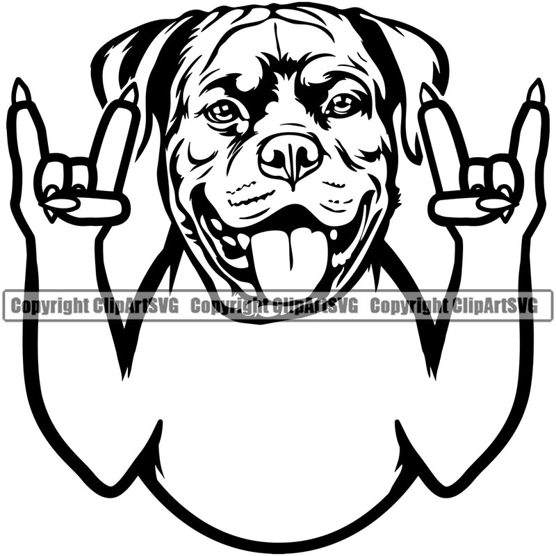 Rottweiler Dog Rock And Roll Hand Sign Smile Face Design Puppy  Head Pedigree Canine K-9 K9 Animal Portrait Doggy Face Cute Purebred Vector Clipart SVG
