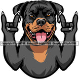 Rottweiler Dog Rock And Roll Hand Sign Face Color Design Puppy Pup Head Purebred Pedigree Canine K-9 K9 Animal Portrait Doggy Face Cute Vector Clipart SVG