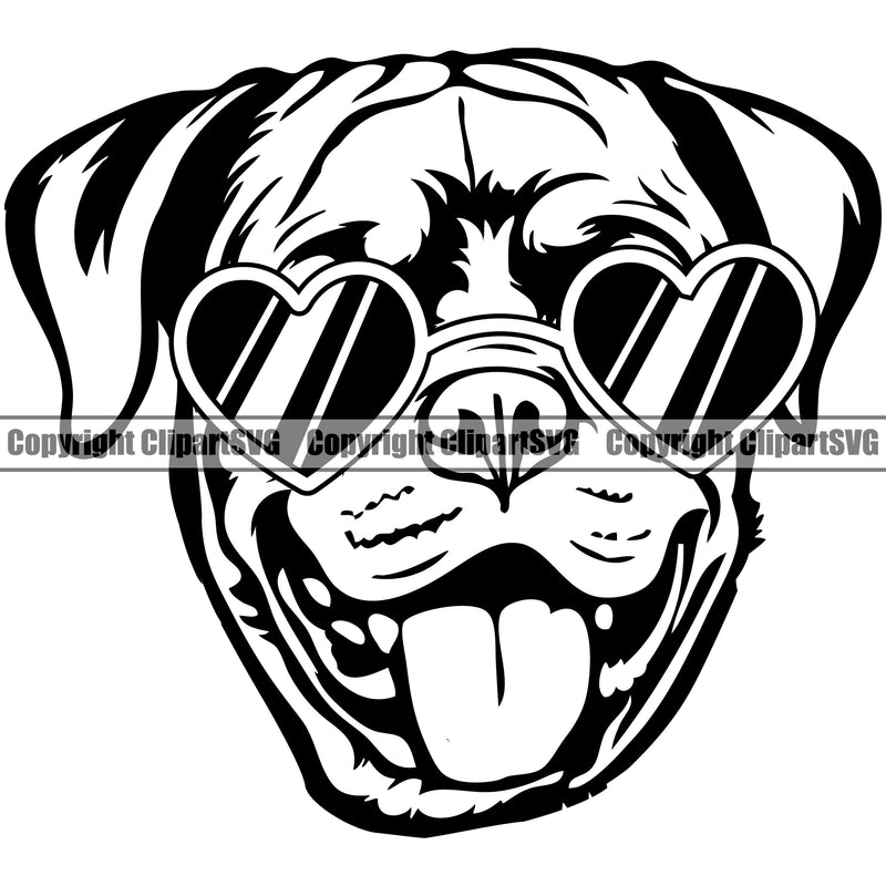 Rottweiler Dog Wearing Sunglasses Smile Face Sun Heart Design Puppy Pup Head Purebred Animal Portrait Doggy Face Cute  Pedigree Canine K-9 K9Vector Clipart SVG