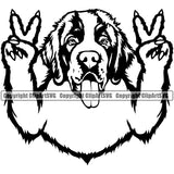 Saint Bernard Peace Hand Sign Dog Smile Face Design Puppy Pup Head Purebred Pedigree Canine K-9 K9 Animal Portrait Doggy Face Cute Vector Clipart SVG