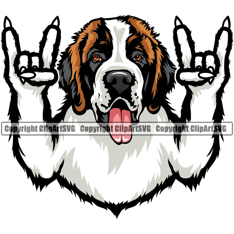 Saint Bernard Dog Rock And Roll Hand Sign Color Design Puppy Pup Pedigree Canine K-9 K9 Animal Portrait Doggy Face Cute Head Purebred Vector Clipart SVG