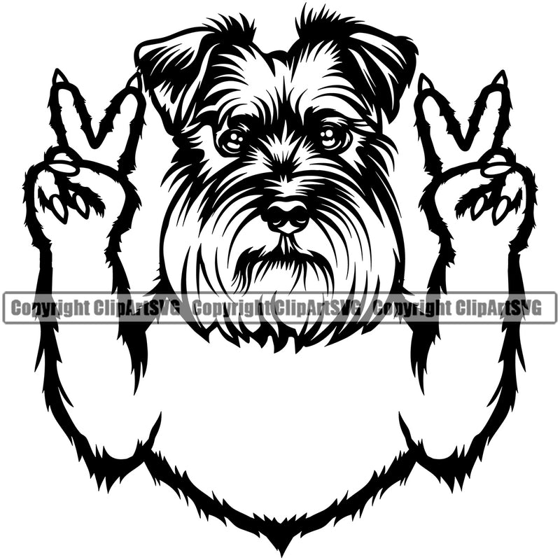 Schnauzer Dog Peace Hand Sign Design Puppy Pup Head Pedigree Canine K-9 K9 Animal Portrait Doggy Face Cute Purebred Vector Clipart SVG