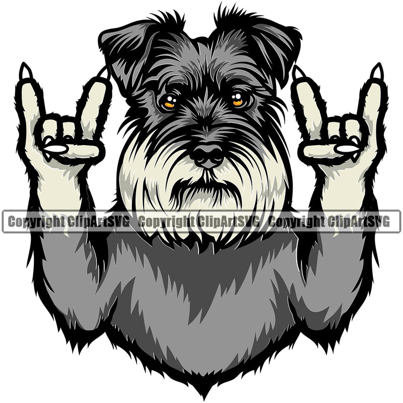 Schnauzer Dog Rock And Roll Hand Sign Design Puppy Head Purebred Pedigree Canine K-9 K9 Animal Portrait Doggy Face Cute Vector Clipart SVG