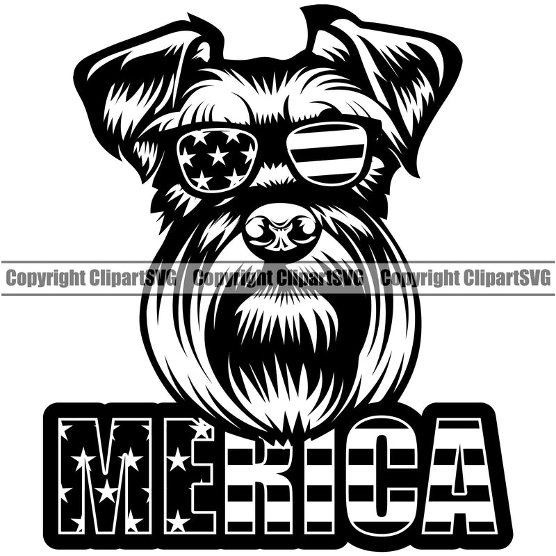 Schnauzer Dog Wearing Sunglasses With Merica Text Smile Face Design Puppy Pup Head Purebred Pedigree Canine K-9 K9 Animal Portrait Doggy Face Cute Vector Clipart SVG