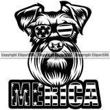 Schnauzer Dog Wearing Sunglasses With Merica Text Smile Face Design Puppy Pup Head Purebred Pedigree Canine K-9 K9 Animal Portrait Doggy Face Cute Vector Clipart SVG