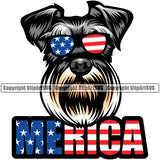Schnauzer Dog Wearing Sunglasses With Color Merica Text USA Flag Design Smile Face Puppy Pup Head Purebred Pedigree Canine K-9 K9 Animal Portrait Doggy Face Cute Vector Clipart SVG