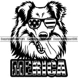 Shetland Sheepdog Wearing Sunglasses With Merica Text Design Element USA Flag Puppy Pup Head Purebred Pedigree Canine K-9 K9 Animal Portrait Doggy Face Cute Body Vector Clipart SVG