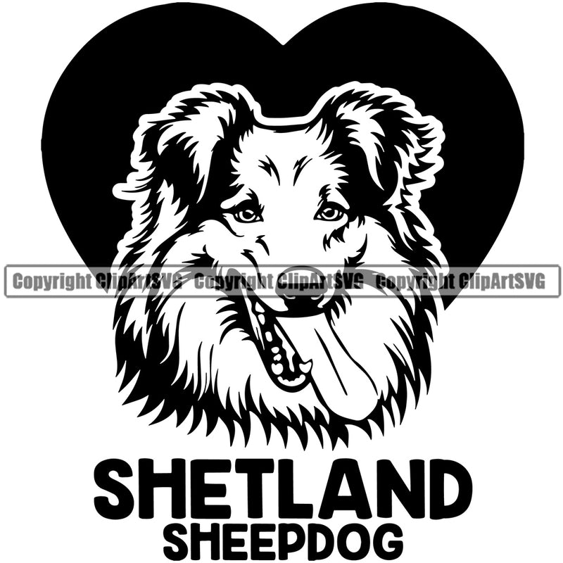 Shetland Sheepdog Quote Heart Smile Face Design Element Puppy Pup Head Purebred Pedigree Canine K-9 K9 Animal Portrait Doggy Face Cute Body Vector Clipart SVG