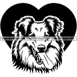 Shetland Sheepdog Quote Heart Dog Design Element Smile Face Puppy Pup Head Purebred Pedigree Canine K-9 K9 Animal Portrait Doggy Face Cute Body Vector Clipart SVG