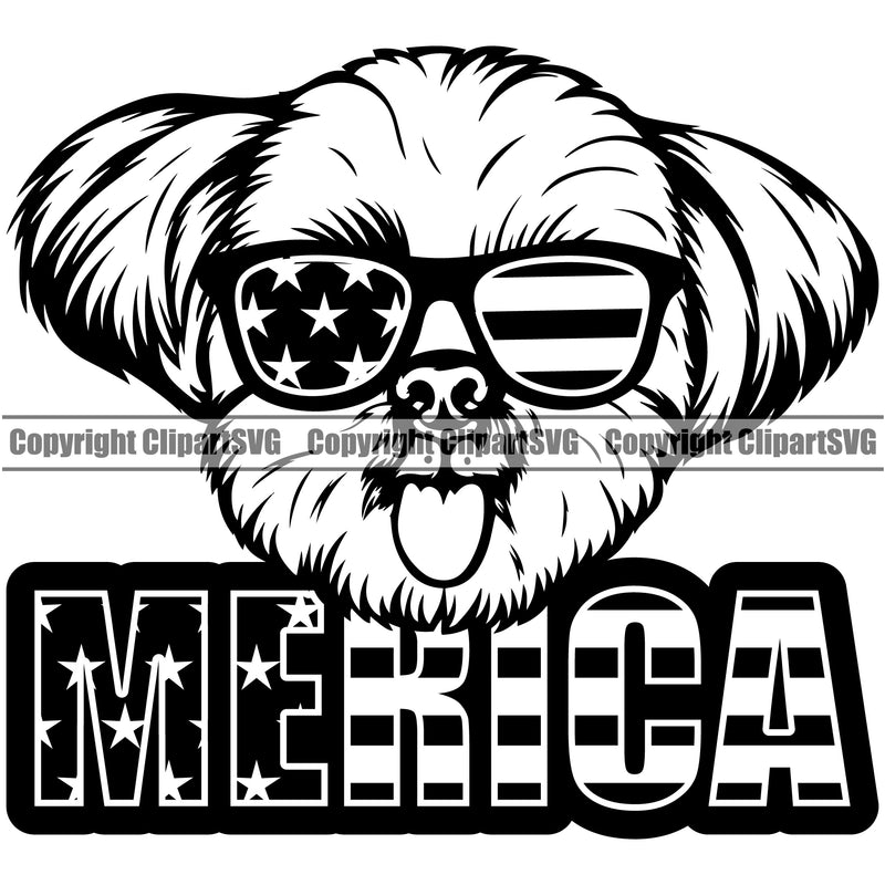 Shih Tzu Dog Wearing Sunglasses With Merica Text Smile Face Design Element Puppy Pup Head Purebred Pedigree Canine K-9 K9 Animal Portrait Doggy Face Cute Body Vector Clipart SVG